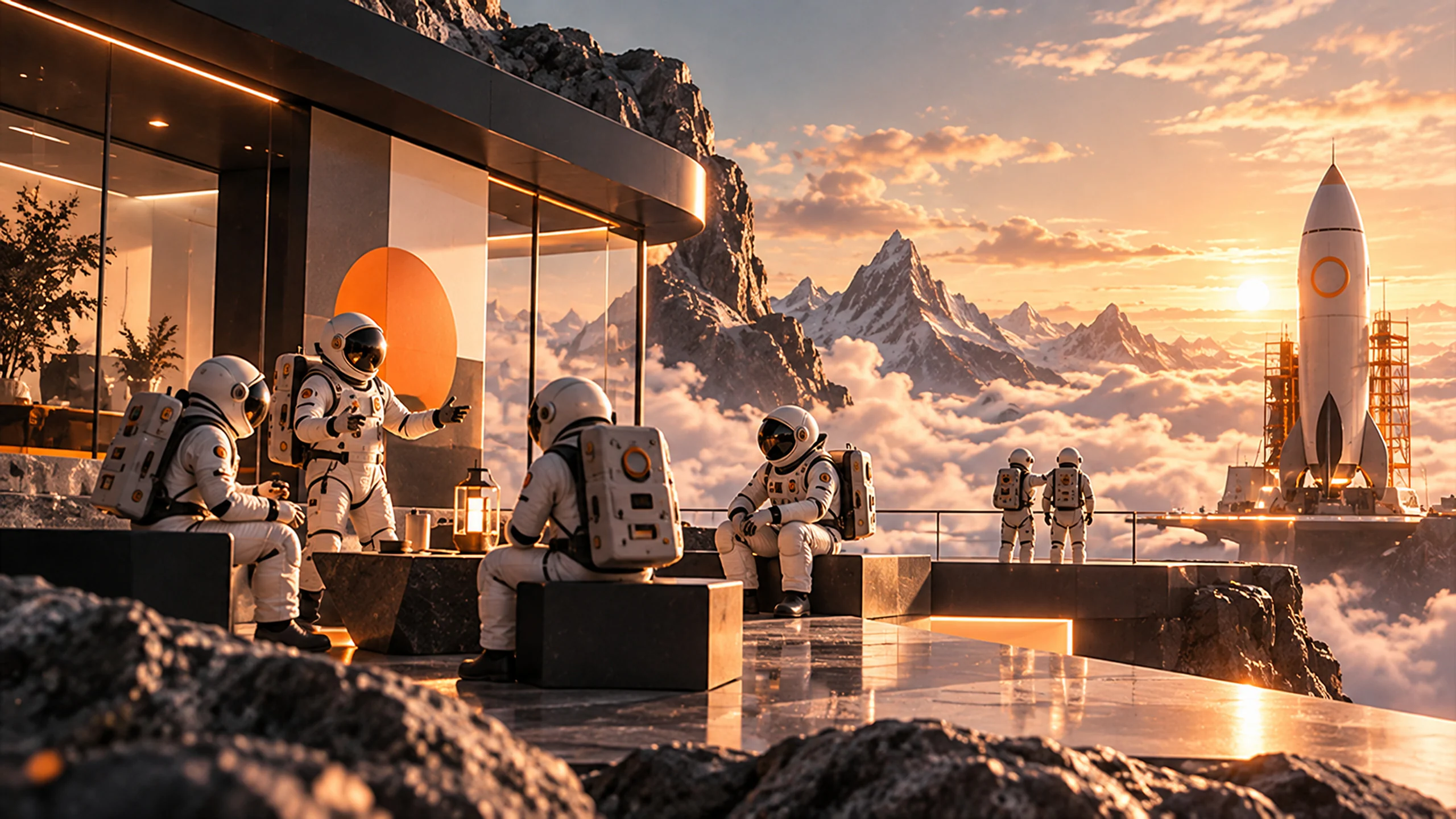 Four astronauts sitting around a table at a base above the clouds, a rocket on the pad behind them.