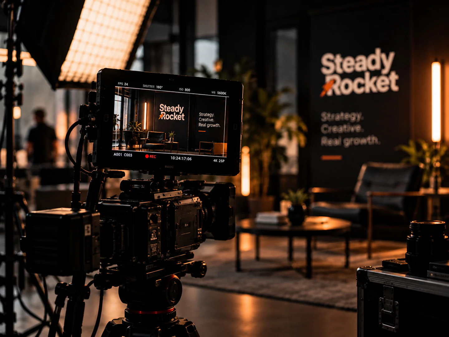 A studio with a cinema camera and lounge chairs, and Steady Rocket on the wall.