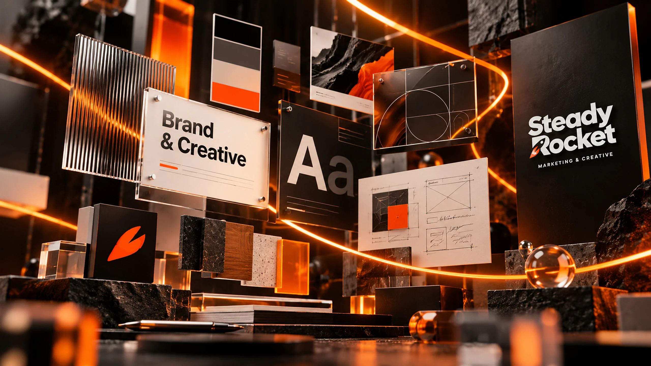 Brand boards in black, white and orange floating over a dark landscape, one reading Brand & Creative, one the Steady Rocket logo.