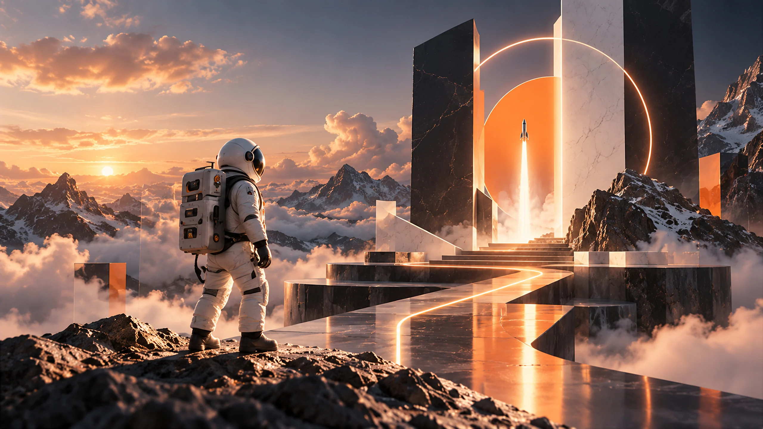 An astronaut walking towards marble steps and a glowing gateway where a rocket lifts off, above the clouds at sunset.
