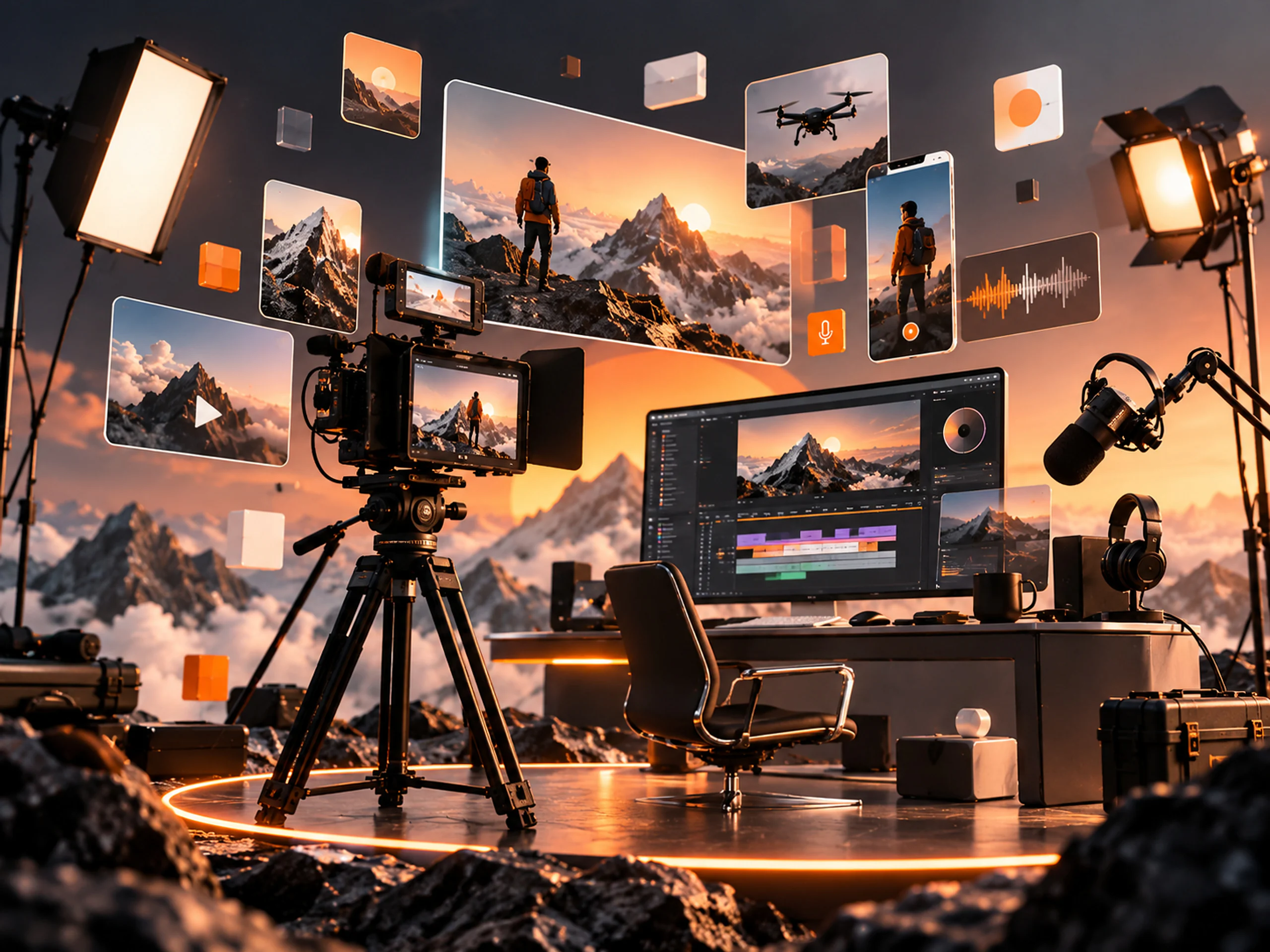 A film set on a mountain ledge: a cinema camera, lights and an editing screen showing the footage.