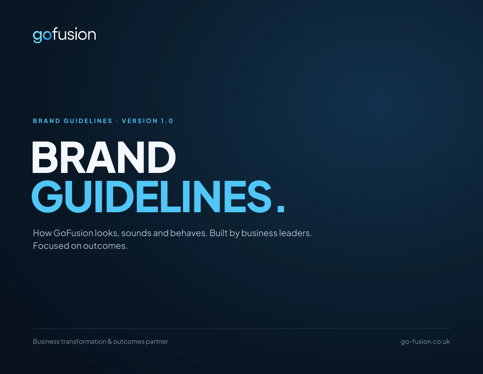 The cover of GoFusion's brand book, its title in white and sky blue on a deep navy ground, under the lowercase gofusion wordmark.