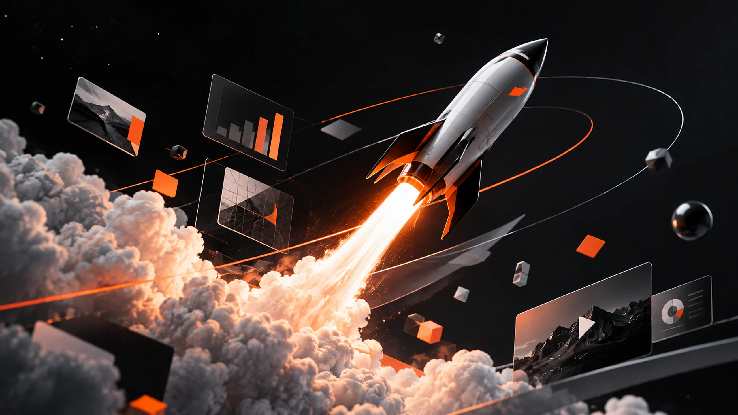A rocket lifting off through clouds, surrounded by floating dashboards of charts and figures.