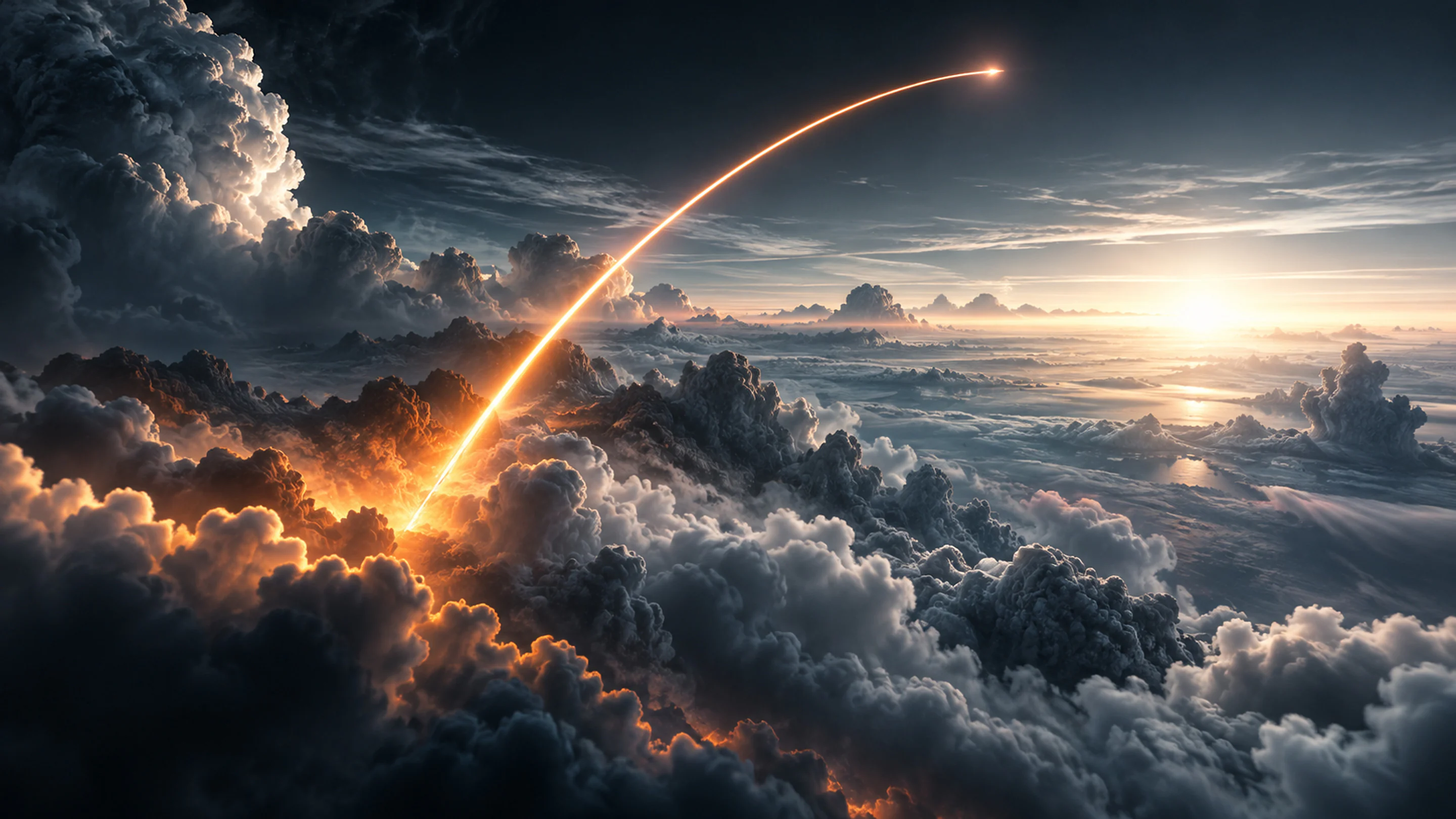 A rocket's orange trail arcing up through a sea of clouds at sunrise.