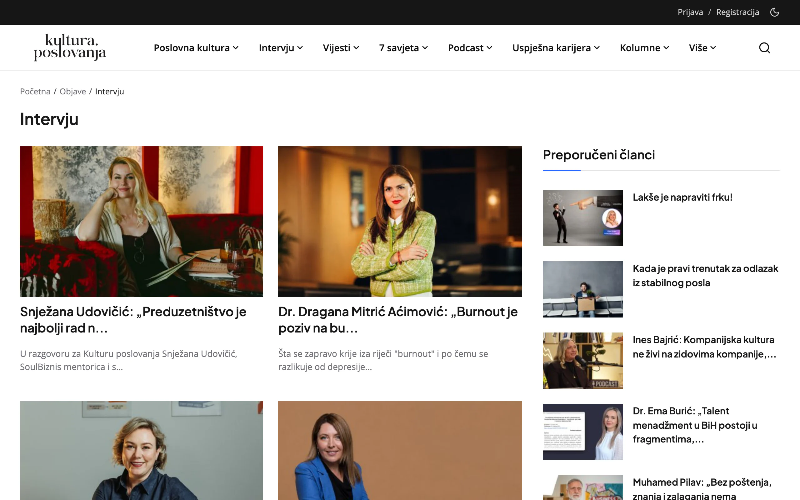 The interviews on the portal: a portrait of each person interviewed above the headline of the conversation, beside the recommended articles.