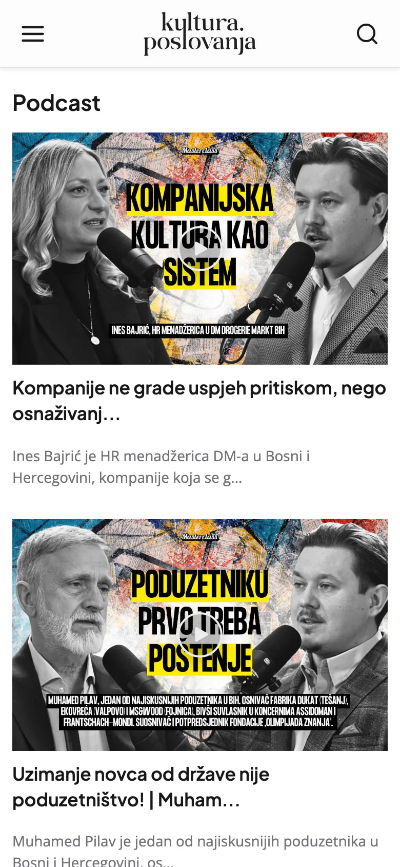 Kultura poslovanja's podcast page on a phone: episode covers with bold yellow titles over black and white portraits of a guest and the host at their microphones, under the kultura. poslovanja wordmark.