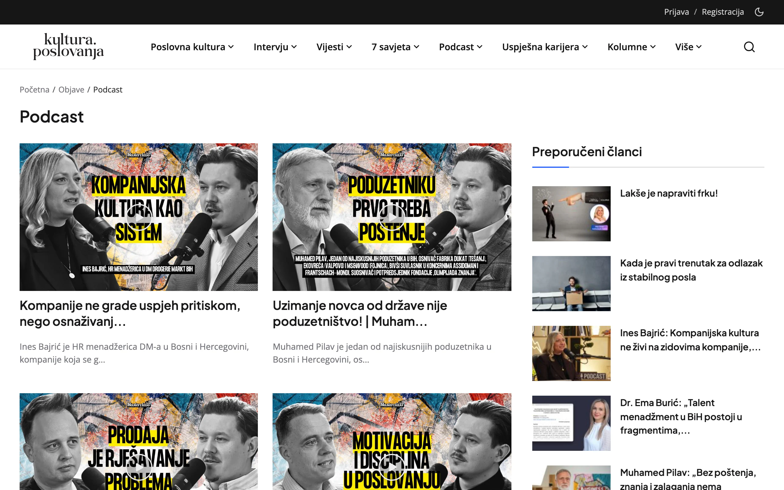 The podcast's page on the portal: its episode covers side by side, each title in bold yellow over the guest and the host at their microphones, beside a column of recommended articles.