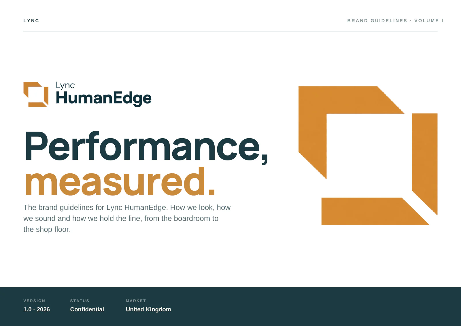 The cover of Lync HumanEdge's brand book: Performance, measured, in deep petrol and burnished amber, beside the open square of its symbol.