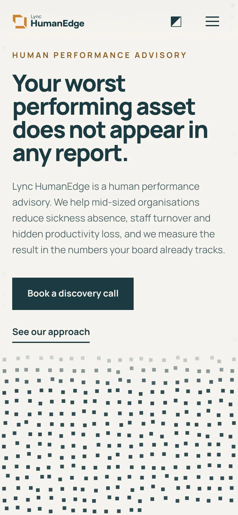 The same homepage on a phone, the headline above the button to book a discovery call, and the field of marks beginning below it.