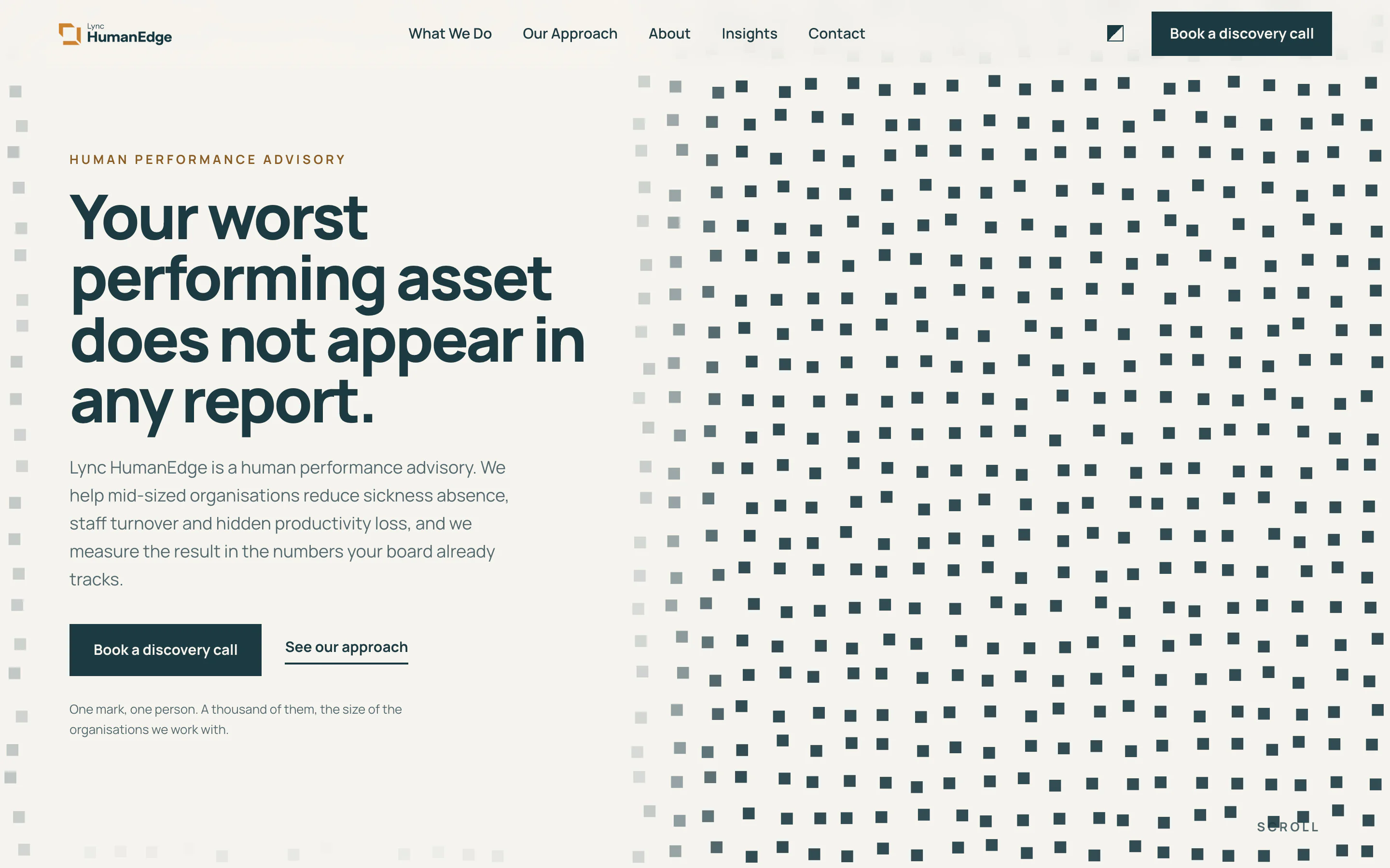 Lync HumanEdge's homepage on a laptop screen: its headline, your worst performing asset does not appear in any report, in deep petrol on warm off-white, beside a field of small square marks, one per person.