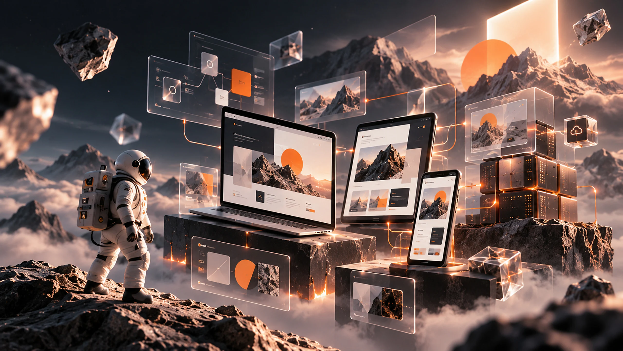 An astronaut looking at a laptop and floating screens showing a website, on a rocky ledge above the clouds.