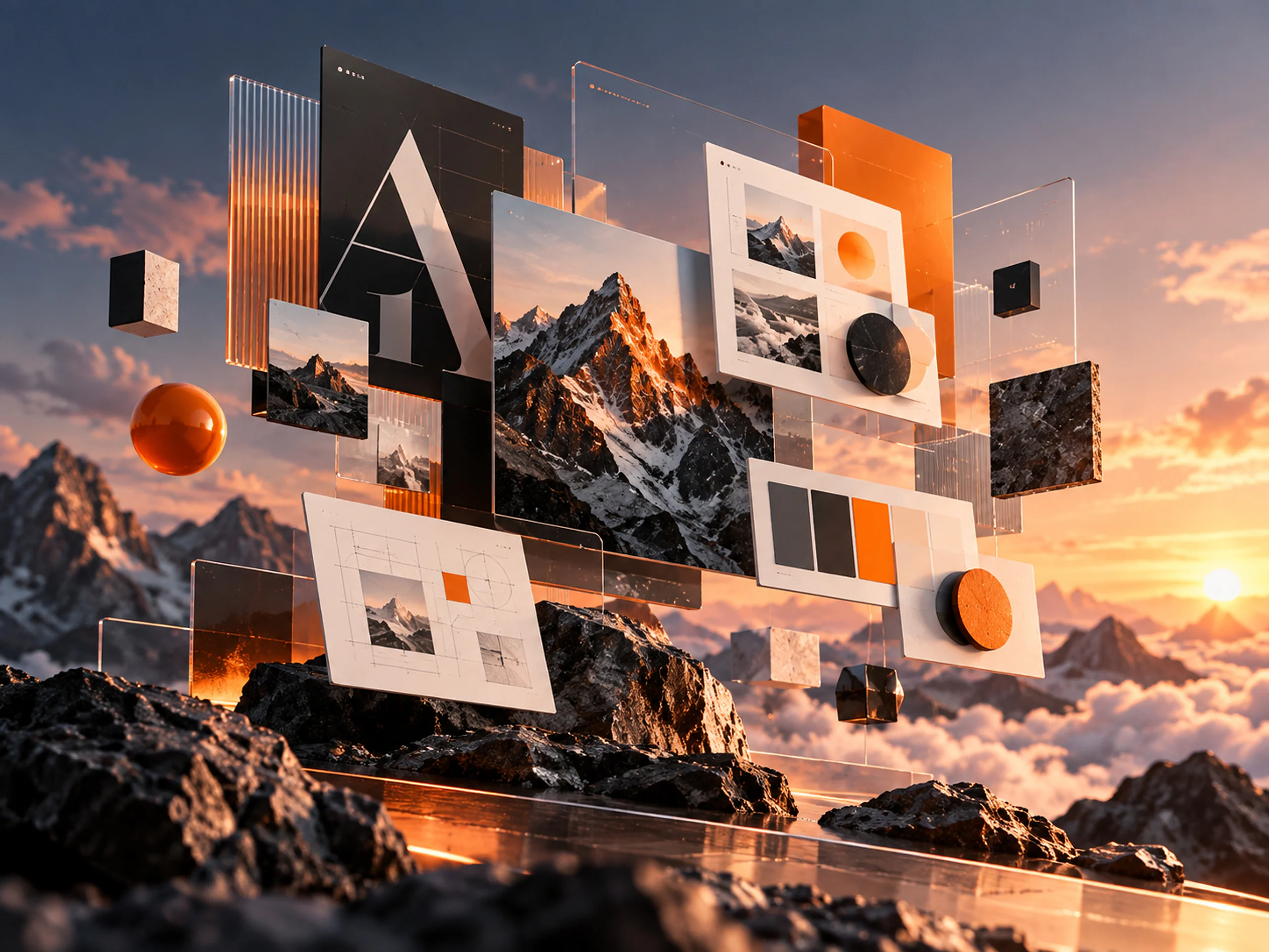 Finished design work floating over snowy peaks at sunset: a large letter A, mountain photographs, colour swatches and a page layout.